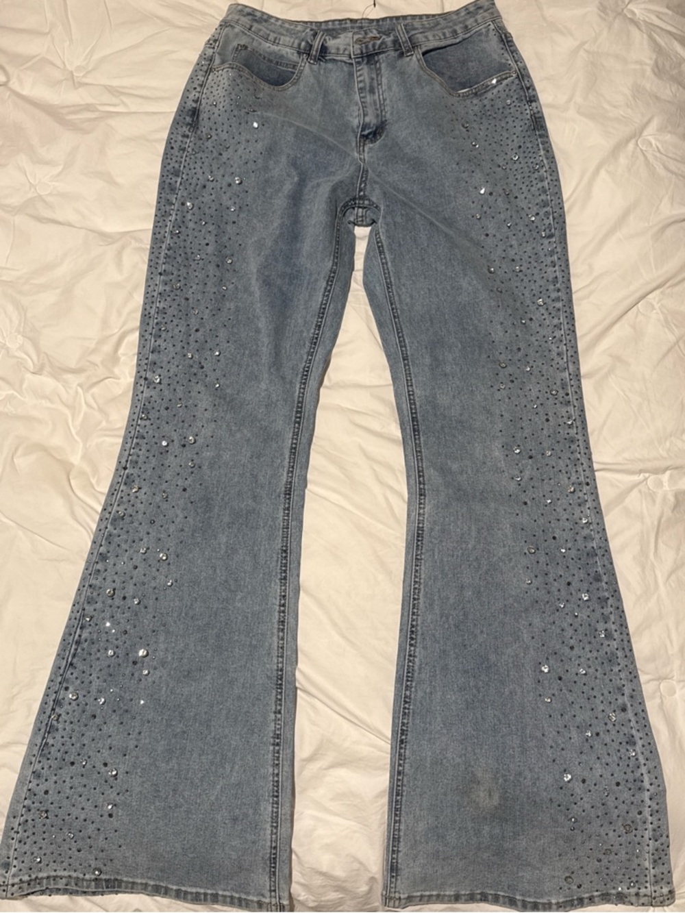 Women's Light Blue Flared Jeans with Rhinestone Detail
